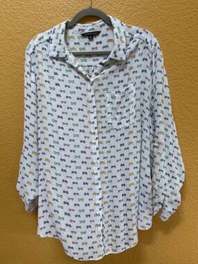Zac & Rachel White Button-Up Shirt with Colorful Eyeglass Print 3X Plus